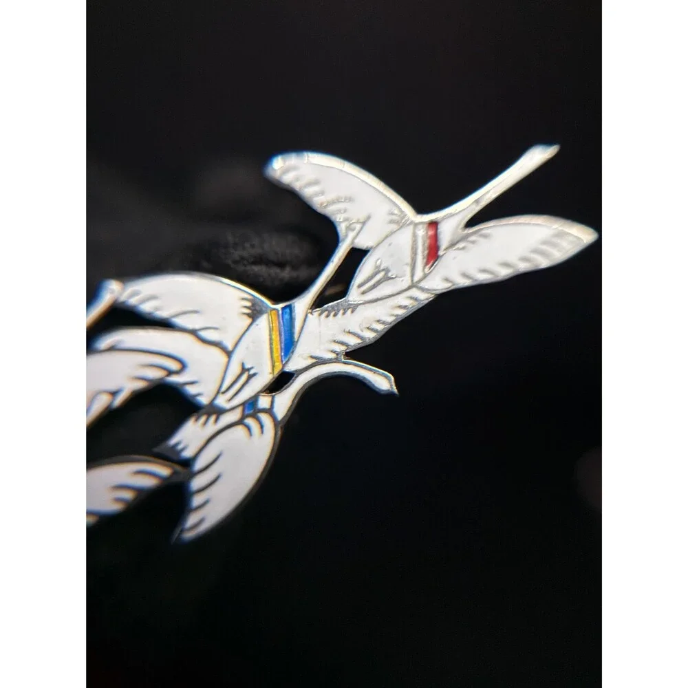 Vintage Erik Magnussen Sterling Enamel Five Swans Brooch Denmark 10.5g